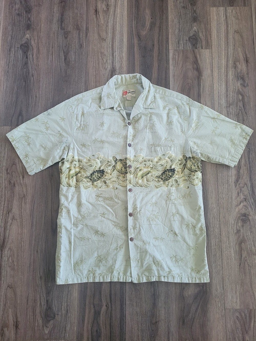 Likely Vintage Light Green Hawaiian Shirt with Turtle Print